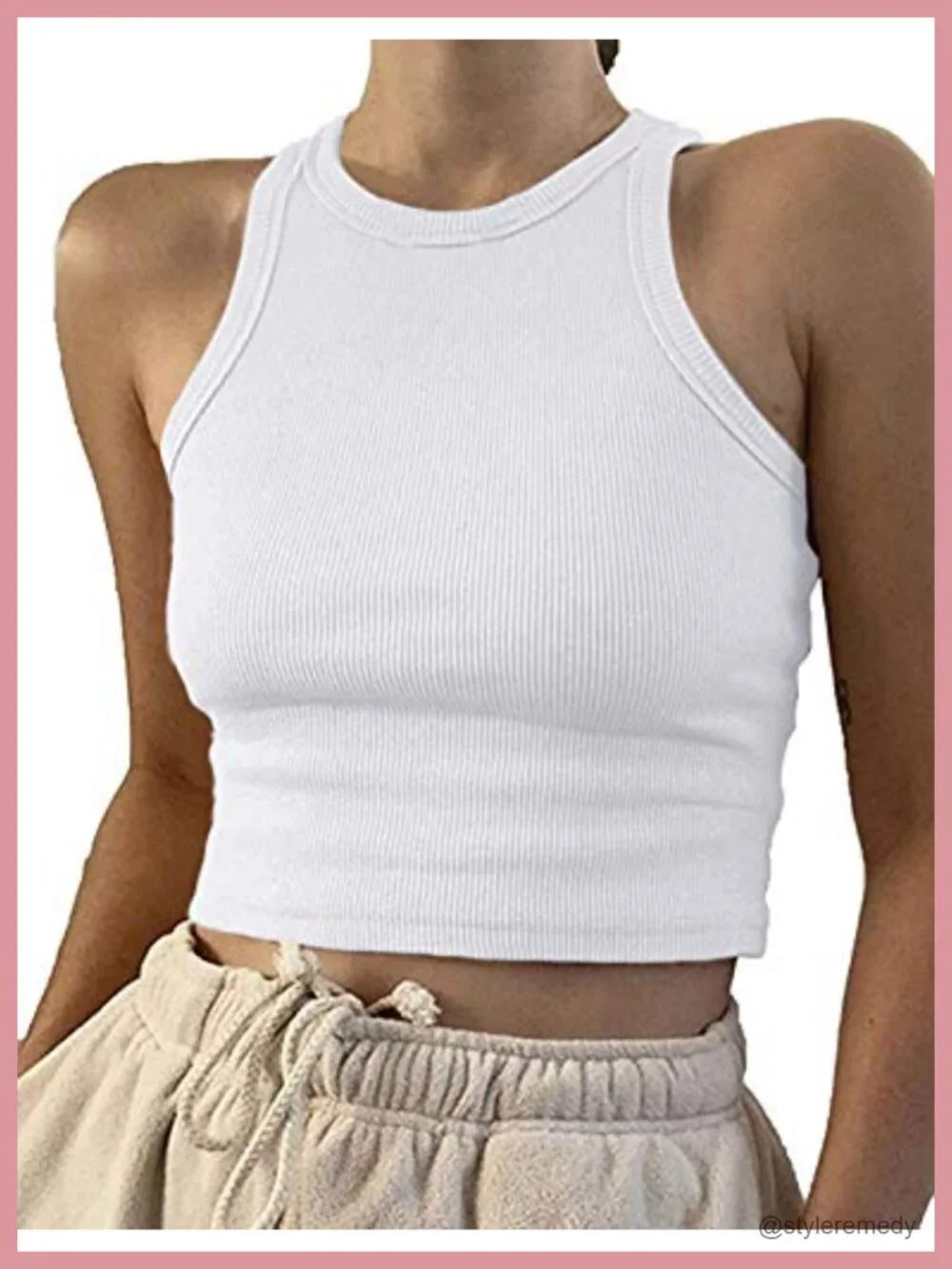 Sleeveless Rib-Knit High Neck Crop Tank Top Racerback Slim Fit
